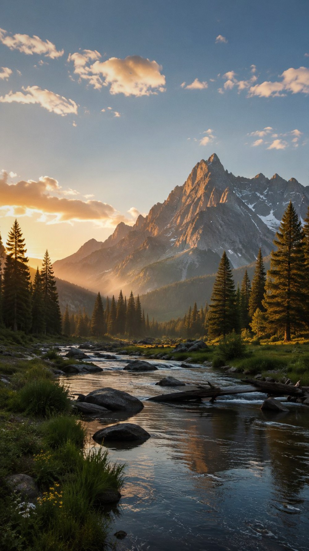 Montana, rio y bosque al atardecer
